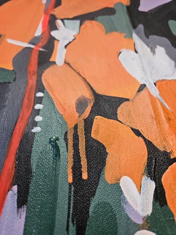 After the rain #3, orange pink black painting