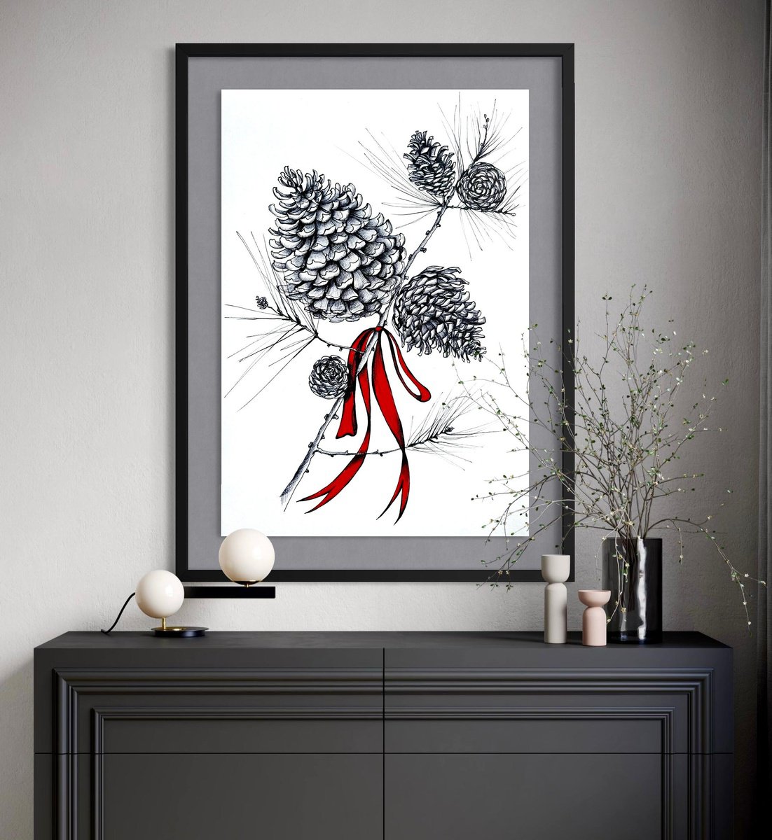Ink Drawing , Festive Pinecone Branch By Maria Tuzhilkina, 11 X 17, Artwork For Sale On Artfinder