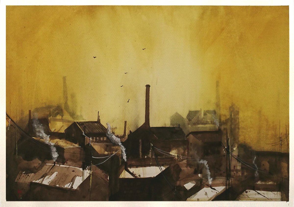 Impressionistic Cityscapes Watercolour By Alan Harris, 21 X 14, Factory Rooftops, Original Artwork