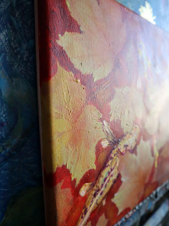 Yellow Leaves and Colored Koi Fish in Red Bottom Pool.