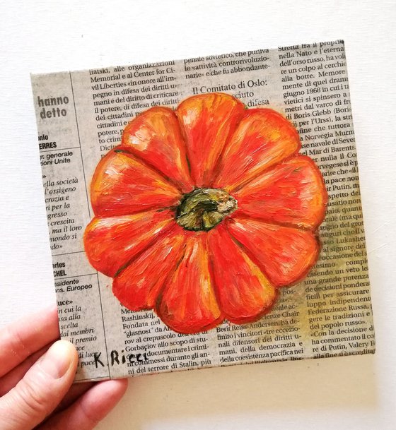 "Pumpkin on Newspaper" Original Oil on Canvas Board Painting 6 by 6 inches (15x15 cm)