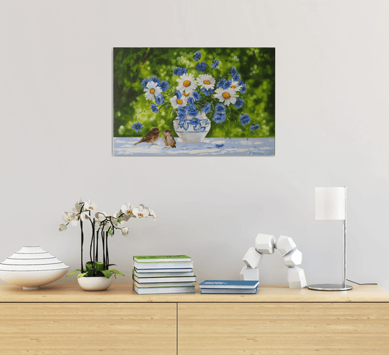 White Blue Flowers Painting