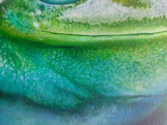 Green frog art, hyperrealism,  hyperrealistic artwork,  realism acrylic painting