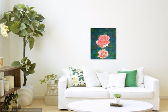 Roses in the pond a colorful acrylic painting and special floral gift idea on sale