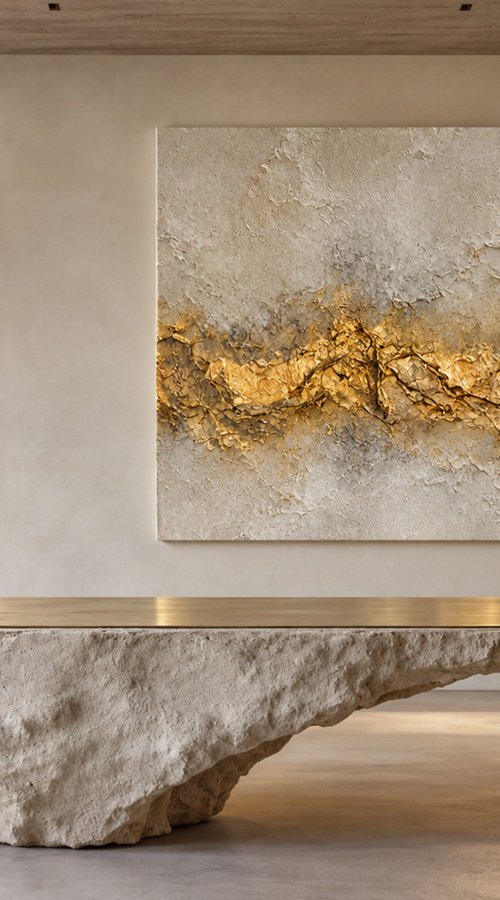 Abstract Gold Reflections on Textured Beige by Indie Ru
