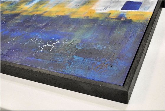 Golden Reflections  - abstract acrylic painting, canvas wall art, blue grey, framed modern art