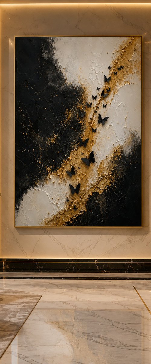 3D Black Butterflies over Abstract Gold by Indie Ru