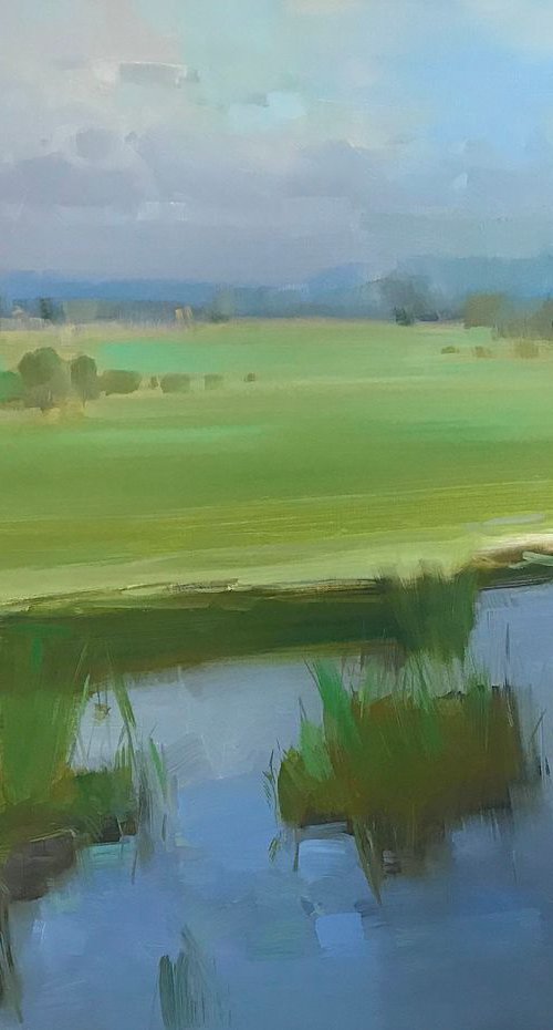 Summer Pond, Landscape oil painting, Handmade artwork, by Vahe Yeremyan