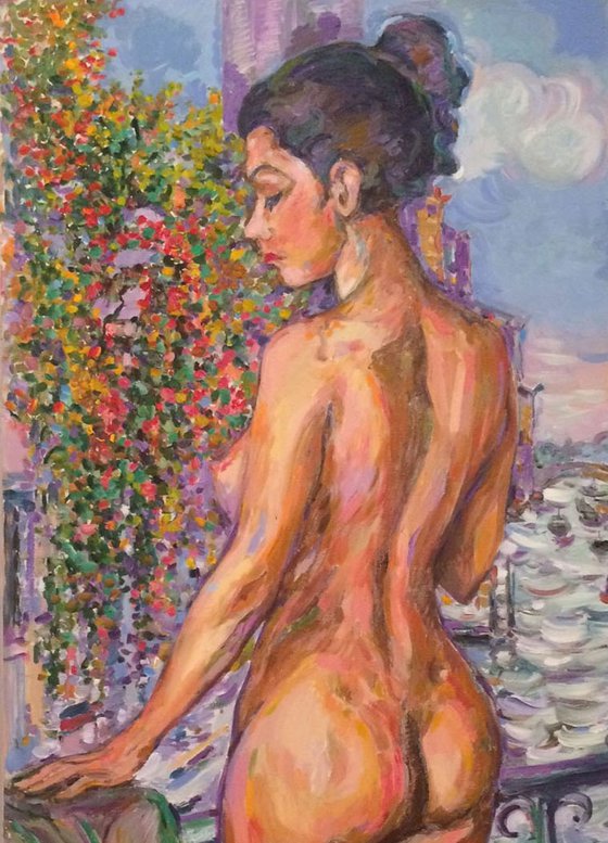 NUDE ON A BALCONY IN VENICE - nude art, original painting, oil on canvas, erotic, large size 170x84