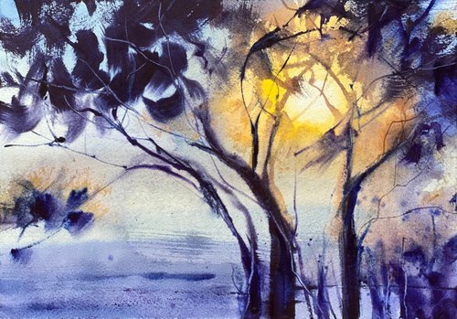 Olive trees at sunset - watercolor sketch by Anna Boginskaia