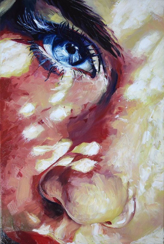 "Love me" 60 x 40 cm, impasto painting,Ready to Hang/ girl, woman , face, impressionism , realism, gift idea, commission portrait , blue eye, portrait