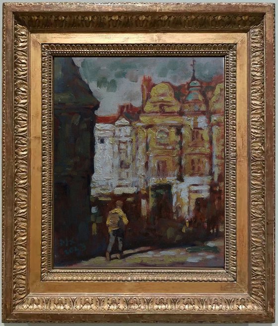 Original Oil Painting Wall Art Signed unframed Hand Made Jixiang Dong Canvas 25cm × 20cm Cityscape Market Street in Stuttgart, Germany Small Impressionism Impasto