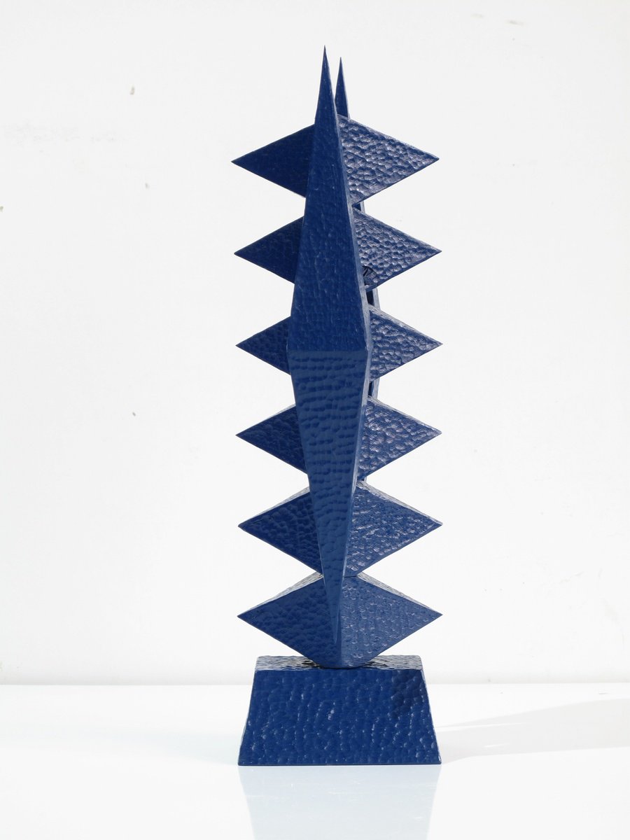 Geometric Abstract Wood Sculpture By Nikola Tsvetanov, 6 X 17", "Apexes Of Blue", Original Artwork