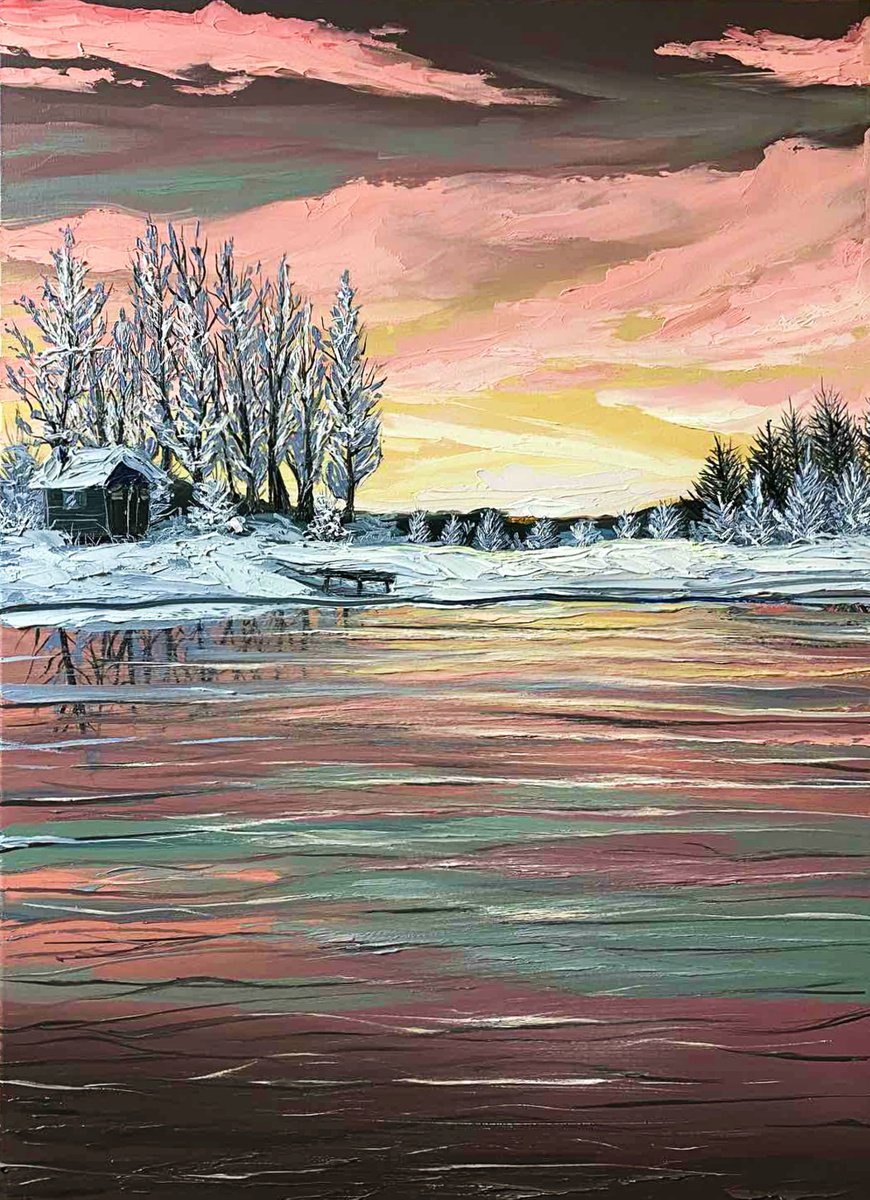 Impressionistic Landscape Oil Painting By Elena Adele Dmitrenko, 16 X 22, Winter Morning, Original Artwork