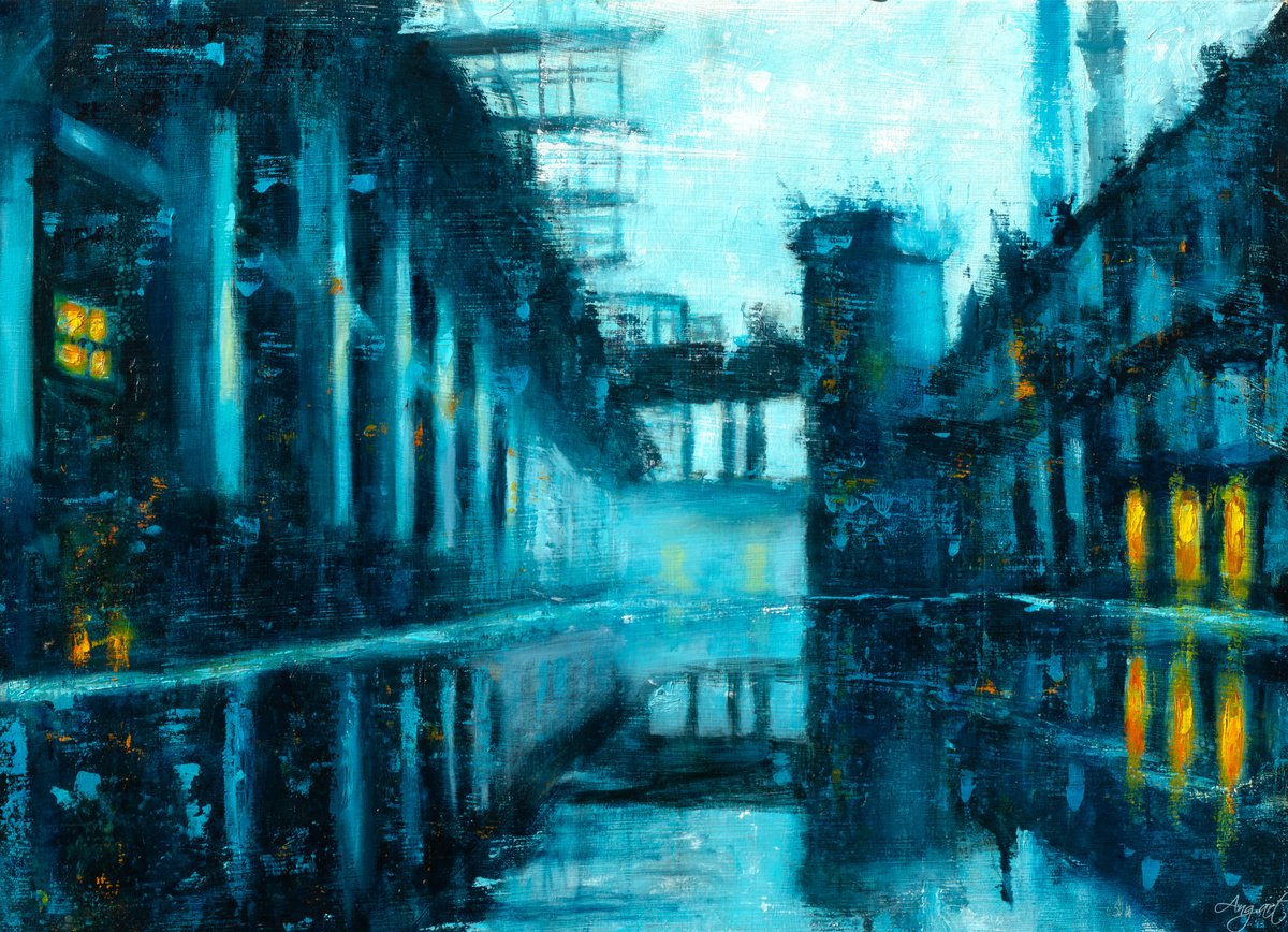 Impressionistic Cityscapes Oil Painting By Angela Suto, 28 X 20, Industrial Compositon #2, Original Artwork