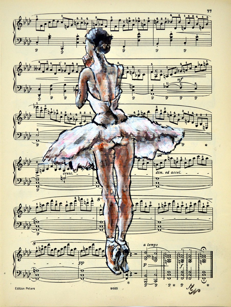Expressive Portrait Collage By Misty Lady - M. Nierobisz, 8 X 12", Ballerina I- Music Page, Original Artwork