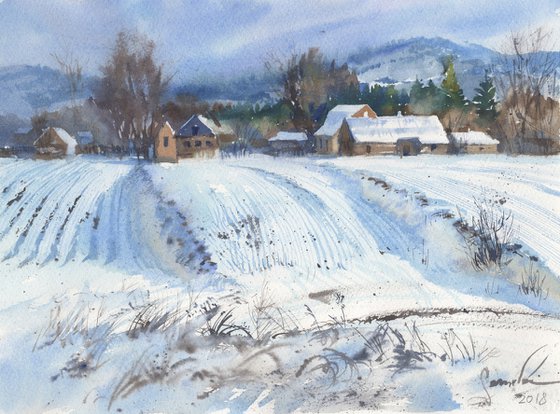 Snow Art Original Watercolor, Winter Landscape painting