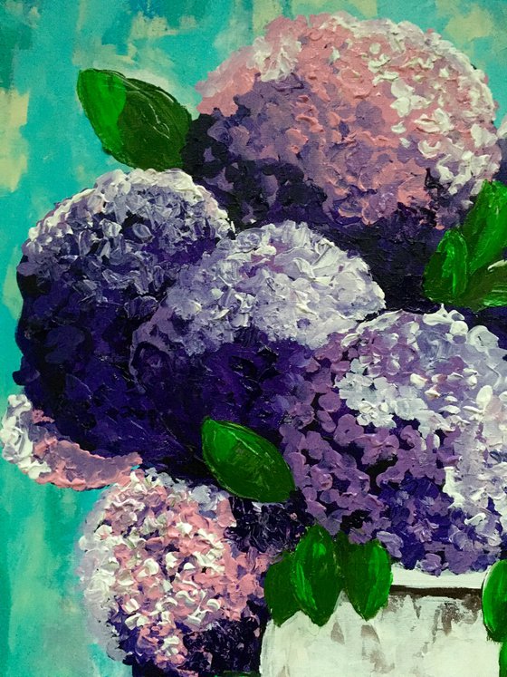 BOUQUET OF Purple and Pink  hydrangea in a white vase palette  knife Original Acrylic painting office home decor gift