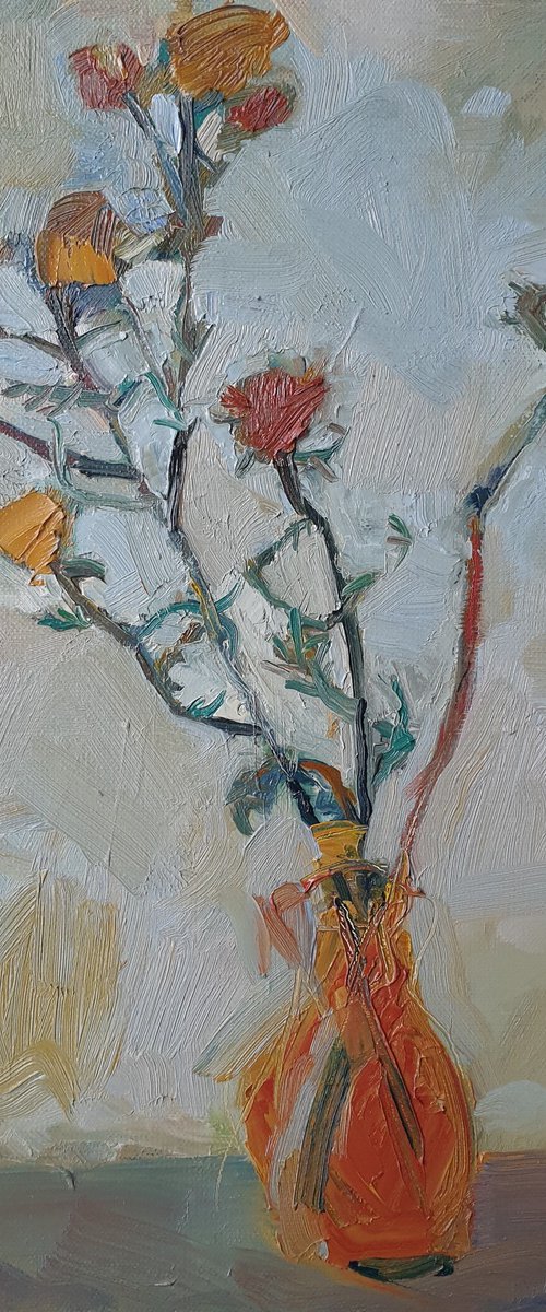 Flowers in an orange vase by Vladislava Vorobyeva