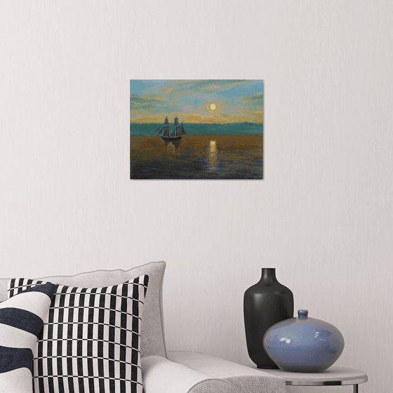 A ship by the Light of the Setting Sun - Original Seascape Oil on Canvas Traditional Impressionistic Marine Sea Sunset Dusk to Twilight in the Night Dark Orange Blue Sail Boat Harbour Sealine Port