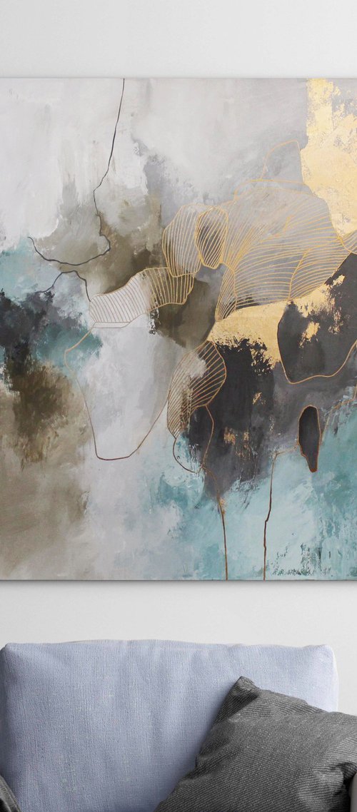 "Miracle" Abstract teal and gold acrylic art by Yana Sagan