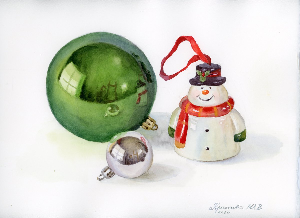 Photorealistic Still Life Watercolour By Yulia Krasnov, 12 X 9", Christmas Toys, Original Artwork