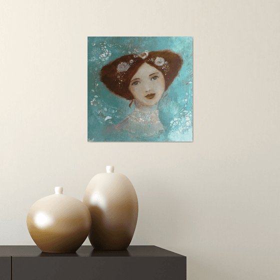 The soft stopover 30 x 30 cm Portrait of a romantic and dreamy woman on wood