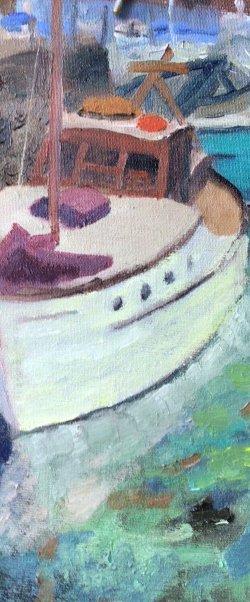 Wooden boats in harbour by Julian Lovegrove Art