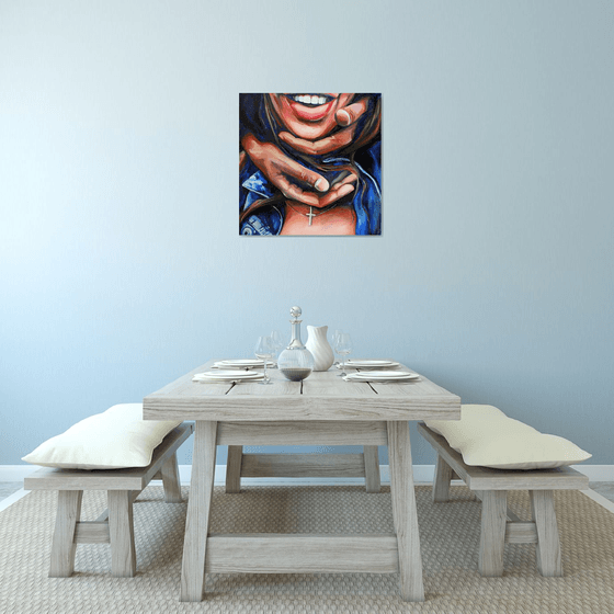 I WANT YOU TO SMILE - oil painting hands smile woman lips blue jeans home decor office decor pop art oil on canvas