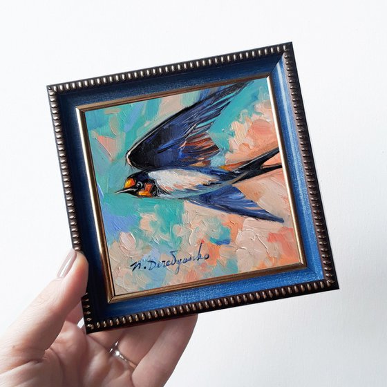 Small bird oil painting original in frame 4x4, Swallow bird picture framed