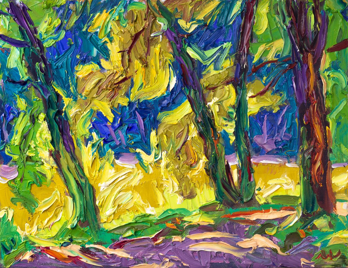 Impressionistic Landscape Oil Painting By Vasyl Moldavchuk, 18 X 14", Trees Near Lake, Original Artwork