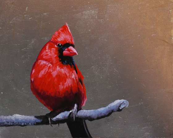Cardinal oil painting on silver leaf
