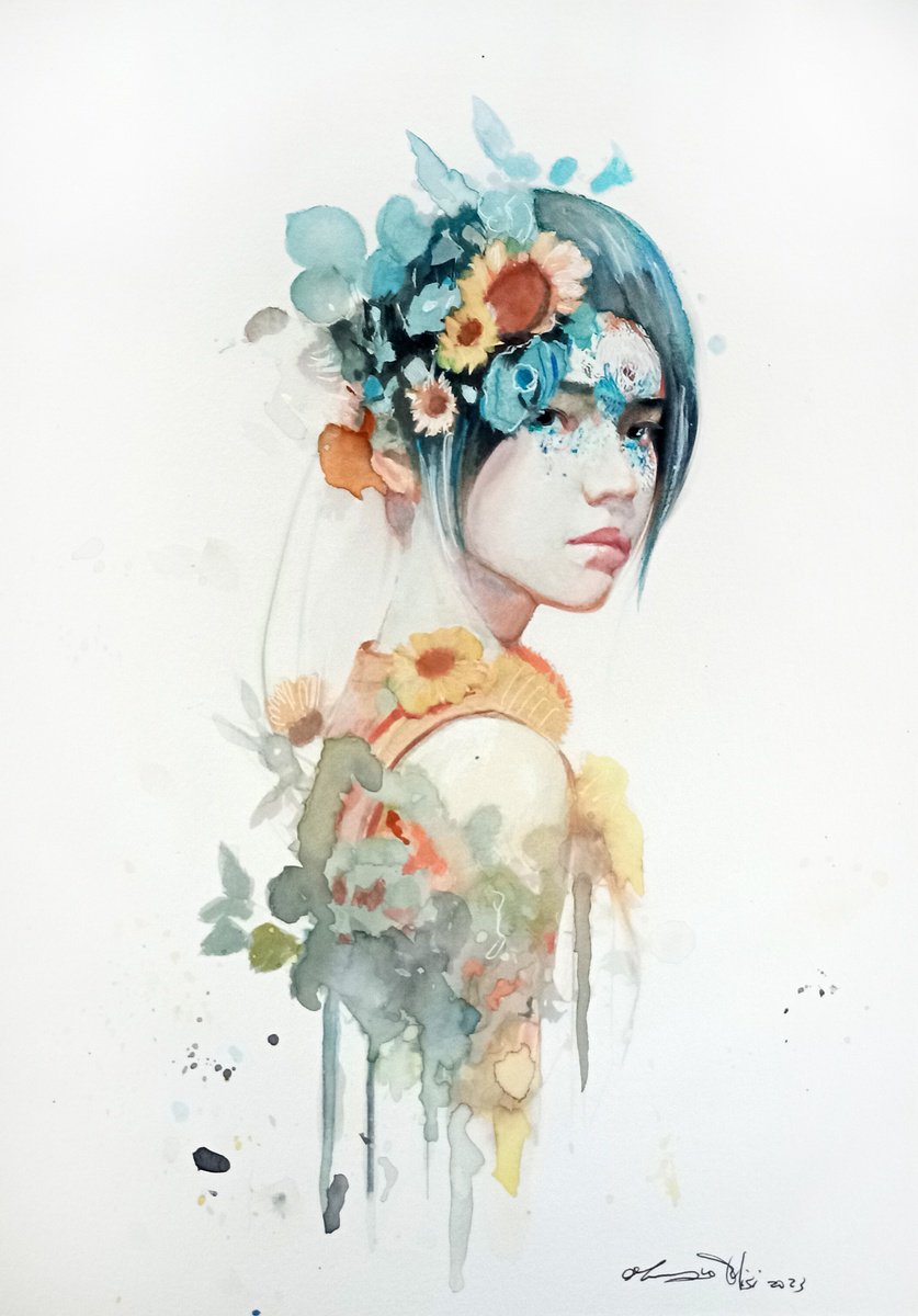 Impressionistic Portrait Ink Drawing By Maurizio Puglisi, 8 X 11", Sunflowers, Original Artwork