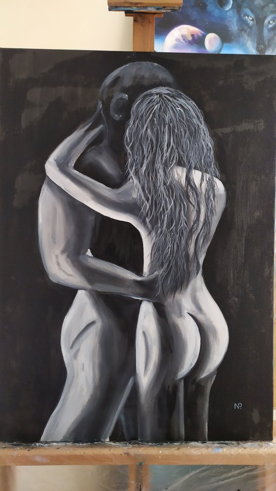Couple in love, nude erotic oil painting, gift idea, art for home