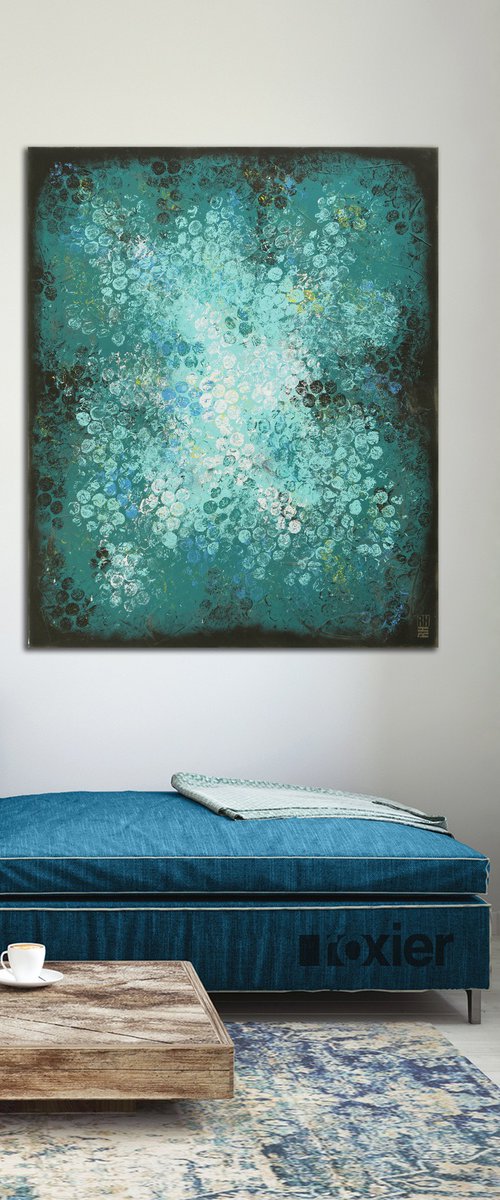 Blue Black Bubbles - Vertical Canvas 90x110 cm - Abstract Painting by Ronald Hunter - 27J by Ronald Hunter