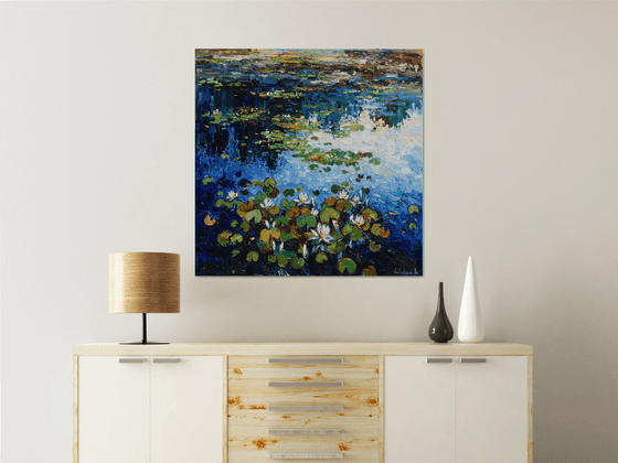 Water lilies Original Oil painting 90 x 90 cm FREE SHIPPING