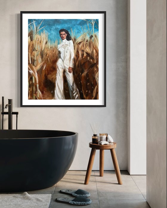 "Im not lost" Oil painting of brunette model wearing a white suit in the corn fields.