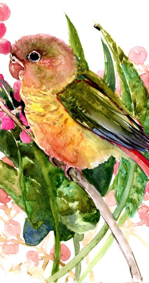 Pineapple Conure Parakeet and Tropical Foliage by Suren Nersisyan