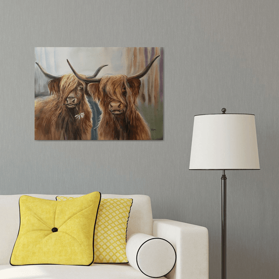 Loving bulls. Romantic painting