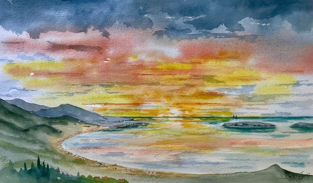 Impressionistic Landscape Watercolour By Brian Tucker, 18 X 10, Dawn At The Bay Of Cannes, Original Artwork