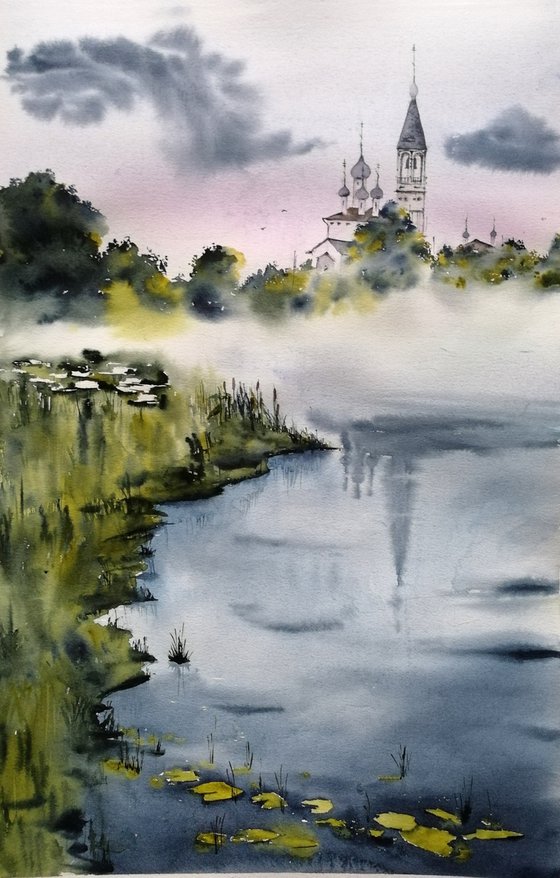 Foggy morning. Old church painting