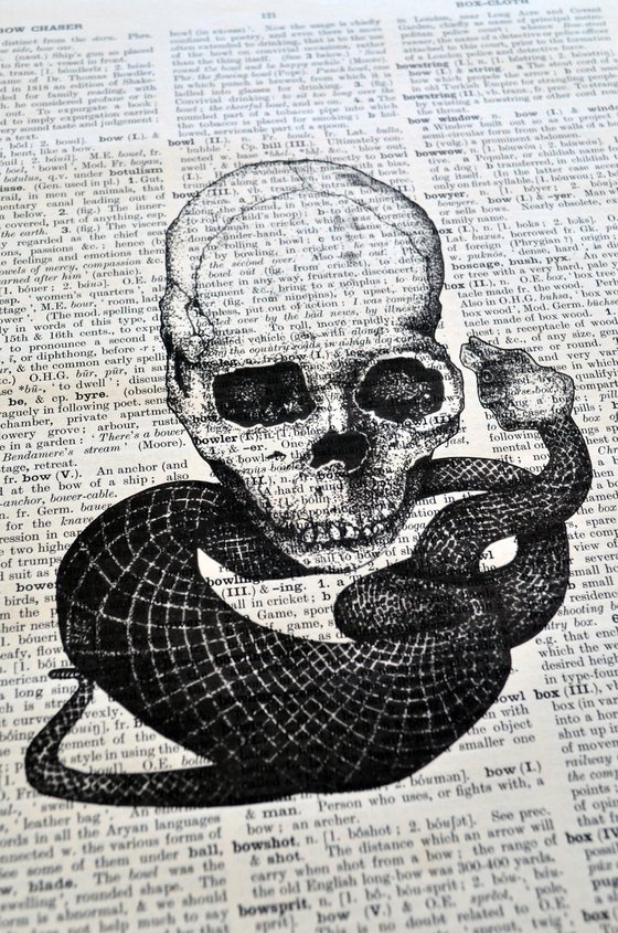 Skull and Snake - Collage Art on Large Real English Dictionary Vintage Book Page