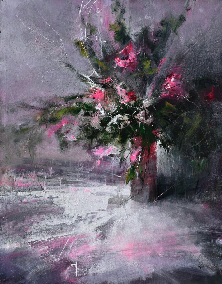 Vase of pink flowers W 97 x H 121 cm by Ivan Grozdanovski