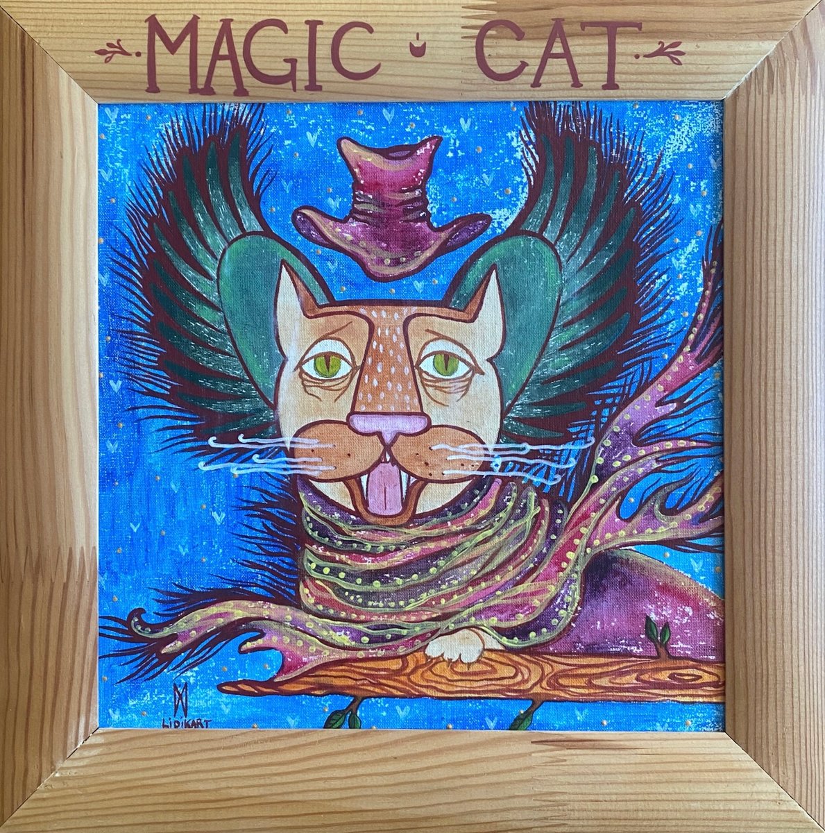 Naive Acrylic Painting , Magic Cat By Lidia Matviyenko /Lidikart/, 13 X 13, Artwork For Sale On Artfinder