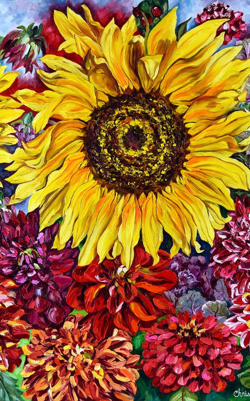 Three Sunflowers II: Red Dahlias & Pincushion Flowers by Christina M Plichta