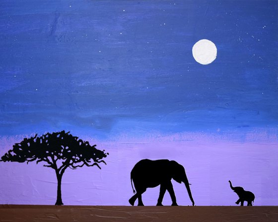 original abstract animal art acrylic blue violet impasto landscape "elephants at new Moon" africa animal painting art canvas - 40 x 50 cm/16x20"