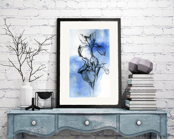 iris in blues watercolor floral