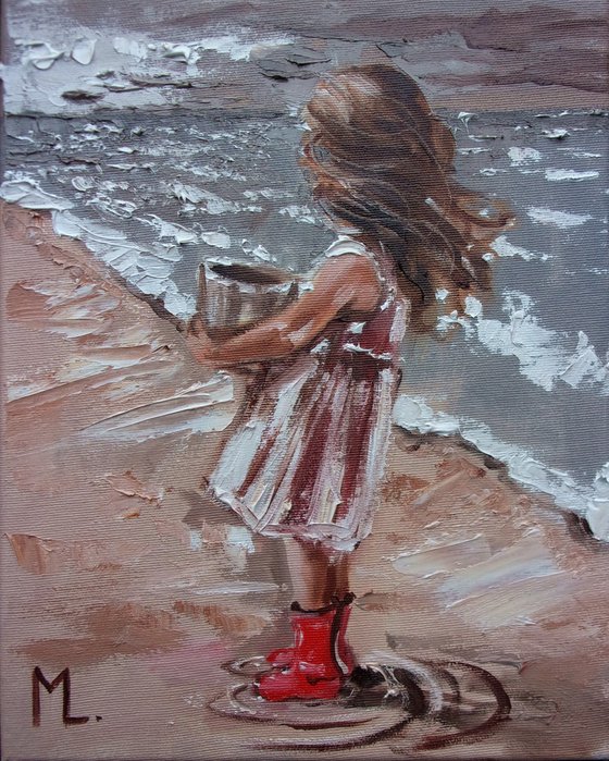 " GIRL WITH A RED RUBBER BOOTS " original painting palette knife GIFT MODERN URBAN ART OFFICE ART DECOR HOME DECOR GIFT IDEA