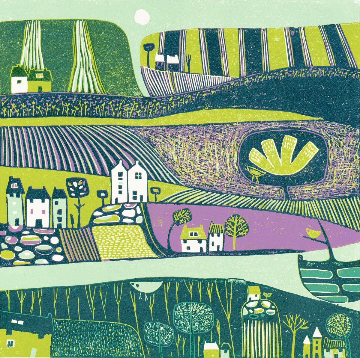 Illustrative Landscape Linocut By Layla Khani (Aka Laylart), 15 X 15", 