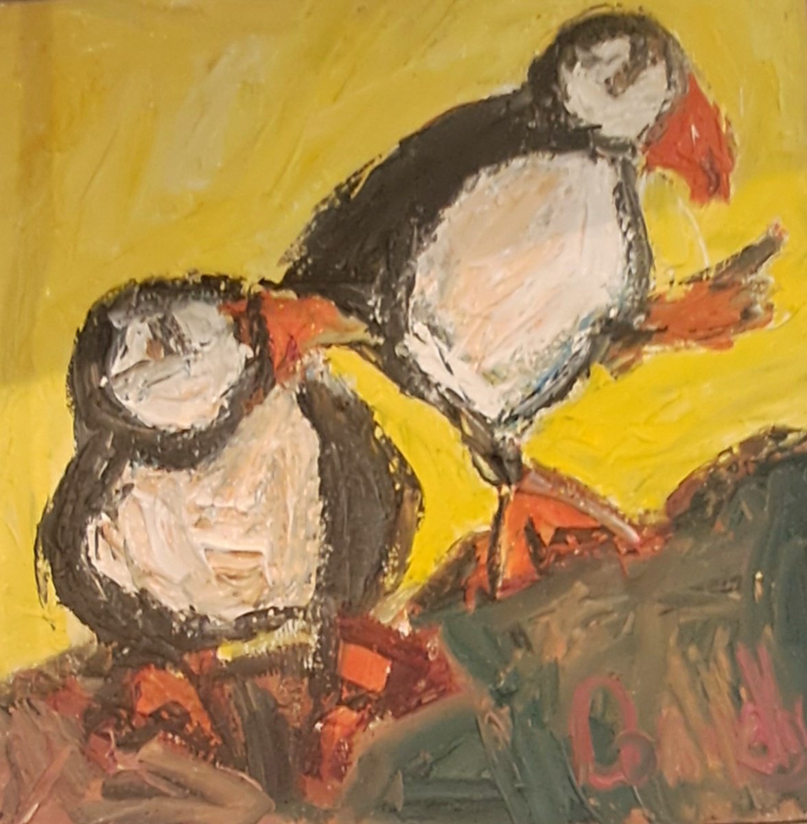 Impressionistic Animal Oil Painting By Deborah Donnelly, 14 X 14, Puffins Dancing, Original Artwork
